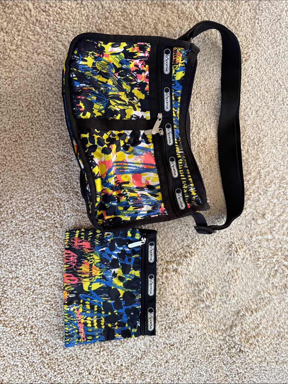 Lesportsac Black Crossbody & Pouch with Yellow, Blue, Pink Splatter
